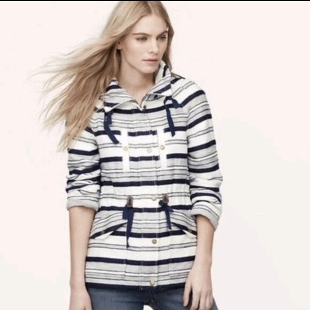 LOFT Women's Striped Utility Jacket - Navy and White